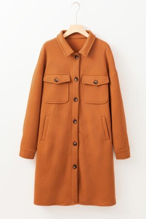 Gold Flame Textured Collared Drop Shoulder Buttoned Front Duster Coat - Image 3