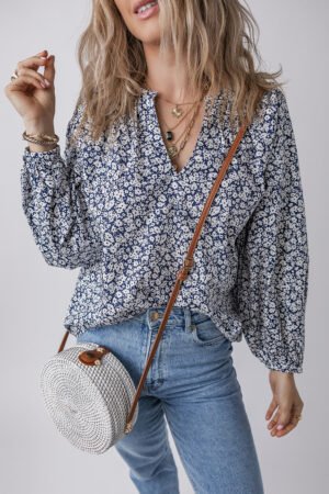 Blue Floral Print Notched V Neck Puff Sleeve Blouse - Image 4