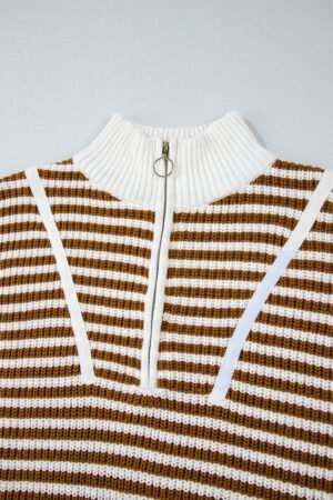 Khaki Stripe Zip up Collar Drop Shoulder Sweater - Image 7