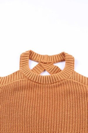 Brown Crew Neck Cold Shoulder Hollow-out Back Sweater - Image 7