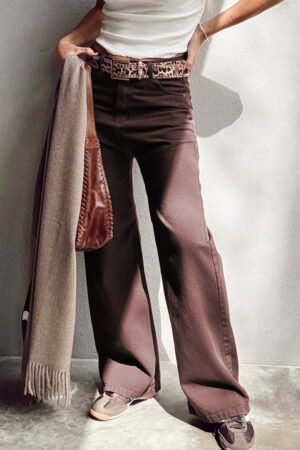 Coffee Loose Straight High Waist Solid Color Jeans