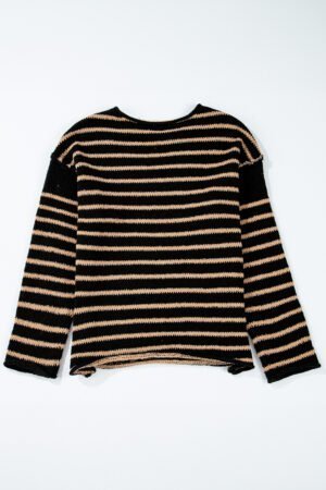 Black Stripe Drop Shoulder Round Neck Loose Sweater - Image 5