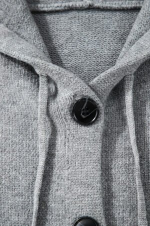 Medium Grey Drawstring Hooded Button Up Drop Shoulder Sweater Cardigan - Image 8