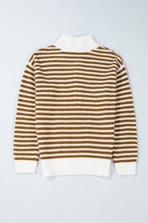 Khaki Stripe Zip up Collar Drop Shoulder Sweater - Image 4