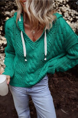 Sea Green Cable Knit V Neck Contrast Drawstring Hooded Sweater - Image 2