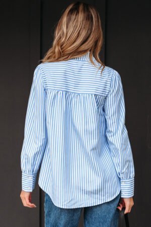 Sky Blue Stripe Shirred Detail Half Placket Collared Long Sleeve Fall Shirt - Image 11