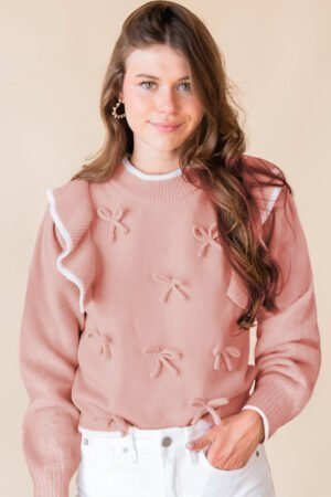 Alternative view of Light Pink Ruffled Bowknot Ribbed Trim Long Sleeve Sweater