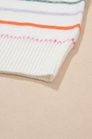 White Colorful Striped Ribbed Trim Sweater - Image 7
