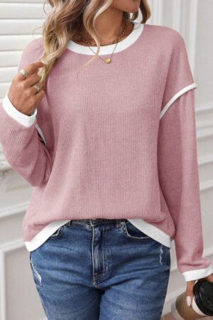 Light Pink Contrast Color Trim Knit Drop Shoulder Loose Top - Image 3