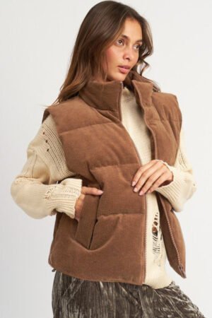 Alternative view of Coffee Corduroy Stand Neck Zipped Puffer Vest