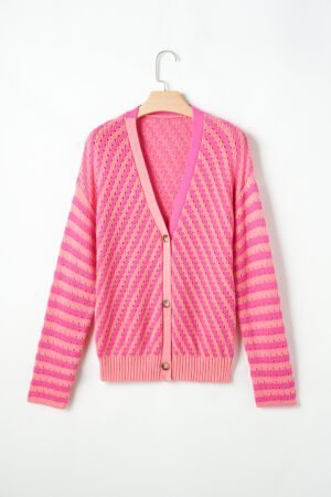 Pink Striped Buttoned V Neck Drop Shoulder Cardigan - Image 6