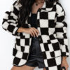 Black Checkered Side Pockets Collared Buttoned Fleece Jacket