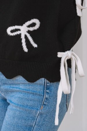 Black Bow Print Side Ties Scalloped Hem Sweater T Shirt - Image 6