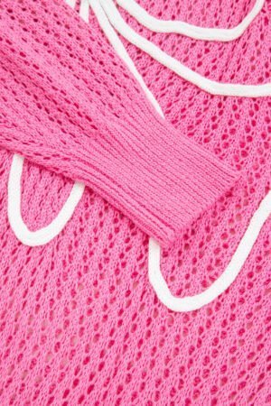 Sachet Pink Sweet Bow Decor Hollow Out Knitted Drop Shoulder Sweater - Image 7