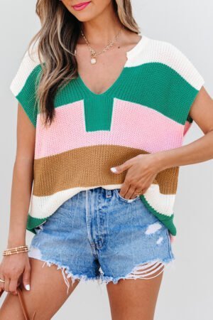 Multicolour Color Block Notch V Neck Sweater T Shirt - Image 4