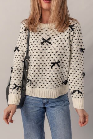 Beige Bow Decor Color Contrast Ribbed Edge Crew Neck Sweater - Image 2