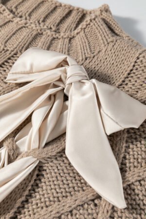 Simply Taupe Cable Knit Colorblock Satin Bowknot Short Sleeve Sweater - Image 7