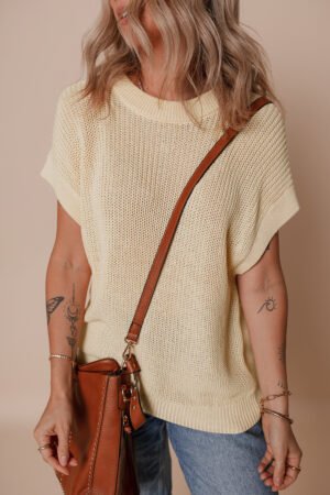 Oatmeal Solid Color Batwing Short Sleeve Round Neck Knit T Shirt - Image 5