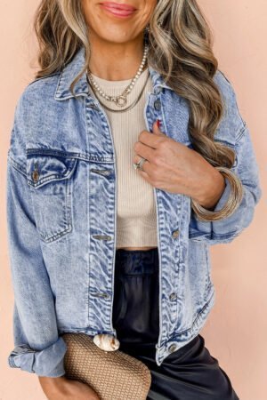 Beau Blue Vintage Washed Flap Pockets Denim Jacket - Image 2