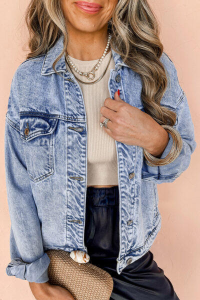 Beau Blue Vintage Washed Flap Pockets Denim Jacket