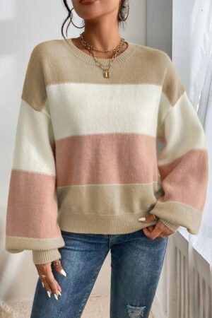 Dusty Pink Color Block Lantern Sleeve Drop Shoulder Sweater - Image 4
