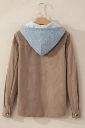Pale Khaki Hooded Drawstring Pockets Corduroy Shacket - Image 5