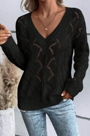 Black Hollow Out Knit V Neck Drop Shoulder Sweater - Image 2