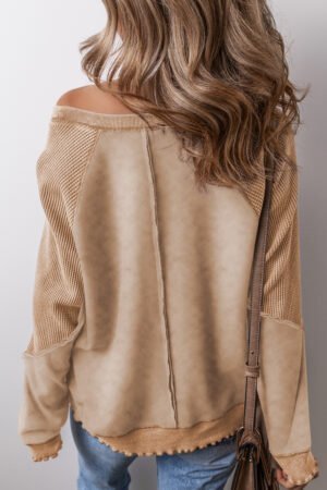 Light French Beige Solid Waffle Knit Patchwork Raglan Sleeve Sweatshirt - Image 2