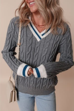 Medium Grey Color Contrast Ribbed Edge Cable Knit V Neck Sweater - Image 2