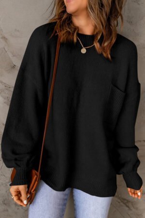 Black Solid Color Puffy Sleeve Pocketed Sweater - Image 3