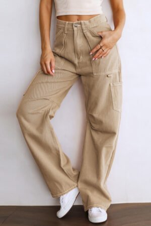Khaki High Waist Straight Leg Cargo Pants with Pockets - Image 3