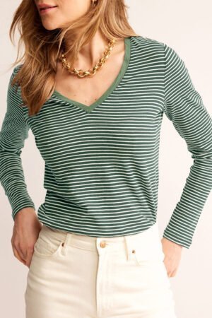 Green Stripe V Neck Stretchy Long Sleeve Top