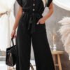 Black Dolman Button Belted V Neck Wide Leg Pocketed Jumpsuit