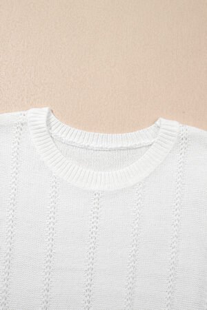 White Pointelle Knit Short Puff Sleeve Crewneck Sweater - Image 8