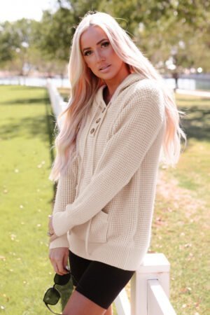 Apricot Waffle Knit Buttons Hooded Sweater with Pocket - Image 5
