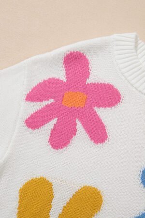 White Colorful Big Flower Pattern Crewneck Sweater - Image 8