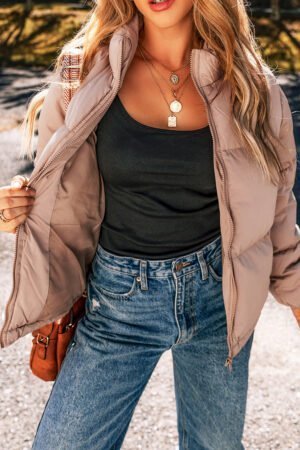 Apricot Pink Full Zipper Quilted Puffer Jacket - Image 2