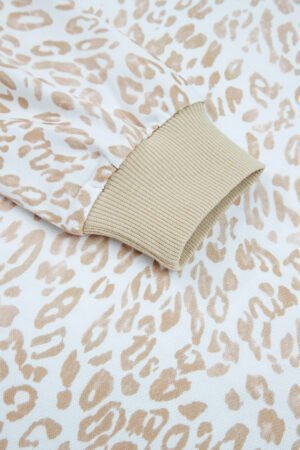 Khaki Leopard Ruffle Detail Ribbed Trim Round Neck Sweatshirt - Image 8