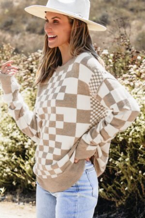 Khaki Checkered Print Drop Shoulder Round Neck Sweater - Image 4