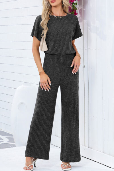 Dark Grey Ribbed Keyhole Short Sleeve Wide Leg Jumpsuit