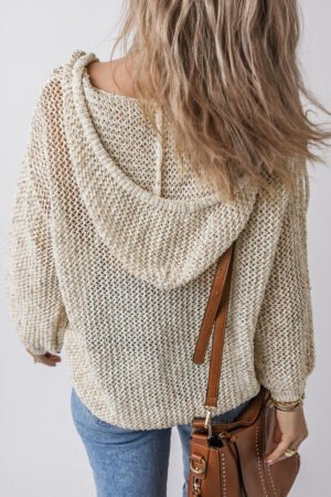 Jet Stream Hollow-out Kangaroo Pocket V Neck Hooded Sweater - Image 2