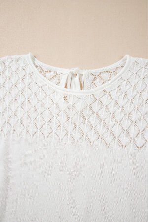 White Eyelet Knit Tied Back Short Sleeve Sweater - Image 5