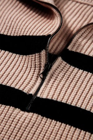Khaki Stripe Zipped Collar Short Sleeve Sweater - Image 8