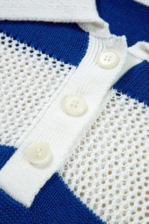 Blue Stripe Colorblock Polo Collar Eyelet Crochet Knitted Sweater - Image 7