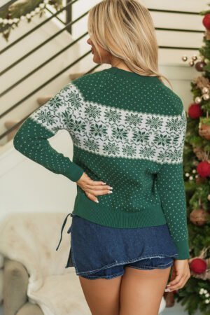 Green Christmas Snowflake Dotted Print Round Neck Sweater - Image 3