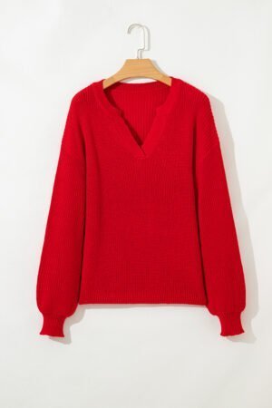 Racing Red Solid Textured Knit V Neck Drop Shoulder Sweater - Image 7