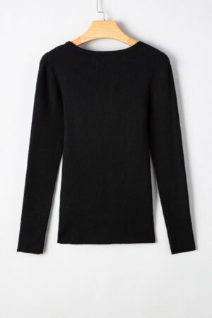 Black Ribbed Knit Cold Shoulder Sweater - Image 6
