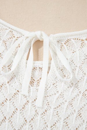 White Eyelet Knit Tied Back Short Sleeve Sweater - Image 7