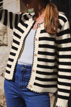 Black Stripe Chic Golden Button Cardigan Sweater - Image 8
