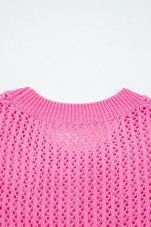 Sachet Pink Sweet Bow Decor Hollow Out Knitted Drop Shoulder Sweater - Image 6